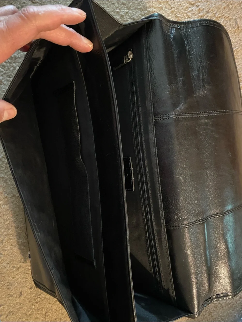 Torino Series by Castello Black Leather Flap Briefcase with Silver Hardware